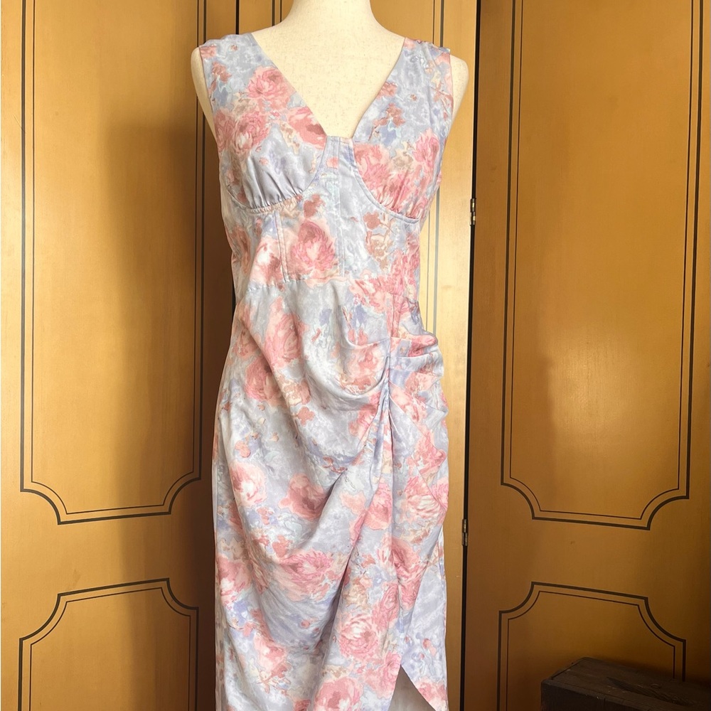 Pink and blue floral midi summer dress with a front wrap detail